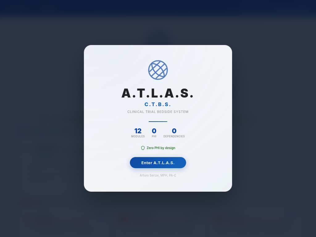 ATLAS main landing — 12 modules, 0 PHI, 0 dependencies